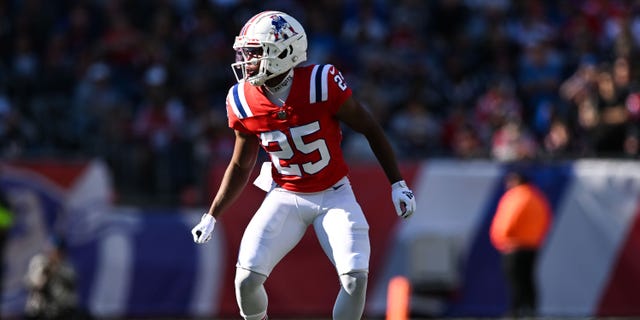 Marcus Jones of the New England Patriots lines up during a game against the Detroit Lions at Gillette Stadium Oct. 9, 2022, in Foxborough, Mass.