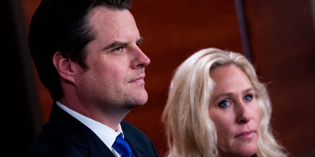Reps. Marjorie Taylor Greene and Matt Gaetz conduct a news conference in the Capitol Visitor Center on Nov. 17, 2022.