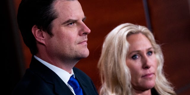 Rep.  Marjorie Taylor Greene and Matt Gaetz conduct a news conference at the Capitol Visitor Center on Nov. 17, 2022.