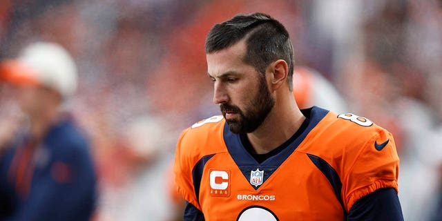 Brandon McManus #8 of the Denver Broncos looks on during an NFL football game between the Denver Broncos and the New York Jets at Empower Field At Mile High on October 23, 2022 in Denver, Colorado.