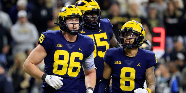 Luke Schoonmaker #86 of the Michigan Wolverines reacts after scoring a touchdown in the Big Ten Championship game against the Purdue Boilermakers during the first half at Lucas Oil Stadium on Dec. 03, 2022 in Indianapolis, Ind.