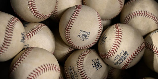 Baseballs are displayed during Game 6 of the World Series between the Houston Astros and Philadelphia Phillies at Minute Maid Park in Houston, Texas, Nov.  5, 2022