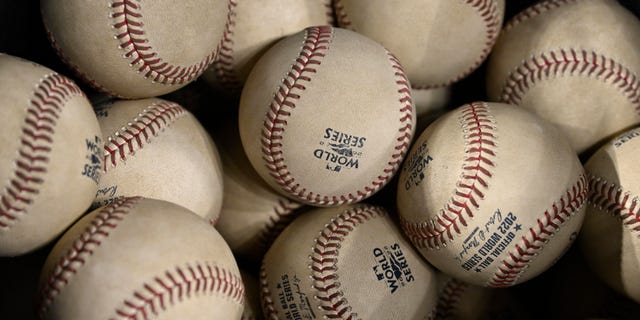 Baseballs are displayed during Game 6 of the World Series between the Houston Astros and Philadelphia Phillies at Minute Maid Park in Houston, Texas, Nov. 5, 2022