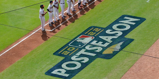 A "Postseason" logo on the field prior to Game 1 of an NLDS between the Atlanta Braves and the Philadelphia Phillies Oct. 11, 2022, at Truist Park in Atlanta. 