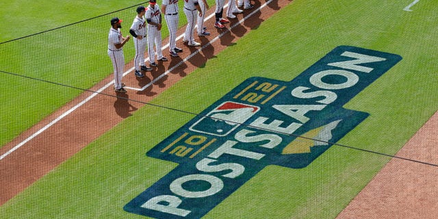 A "Postseason" logo on the field prior to Game 1 of an NLDS between the Atlanta Braves and the Philadelphia Phillies Oct. 11, 2022, at Truist Park in Atlanta. 