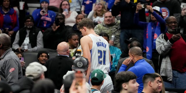 Moritz Wagner, #21 of the Orlando Magic, is ejected from the game against the Detroit Pistons during the second quarter at Little Caesars Arena on Dec. 28, 2022 in Detroit.