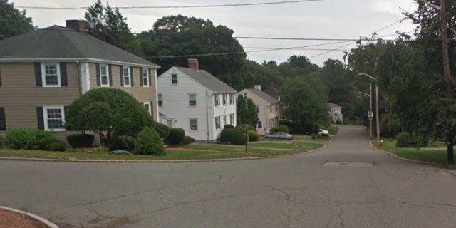 A Google Earth image looks down one side of Orchard Lane in Melrose, Mass.