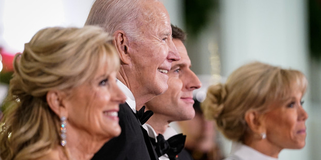 President Joe Biden and first lady Jill Biden welcome French President Emmanuel Macron and his wife Brigitte Macron