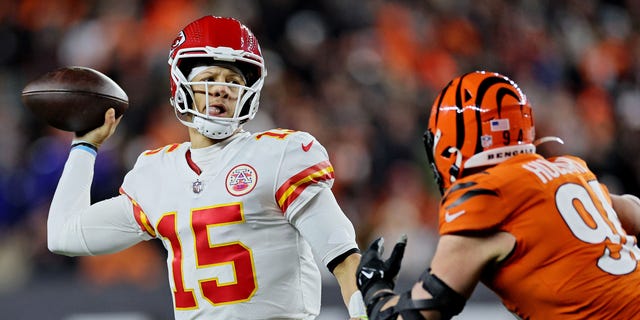 Patrick Mahomes of the Kansas City Chiefs throws a pass against the Cincinnati Bengals during the second half at Paycor Stadium on Dec. 4, 2022, in Cincinnati.