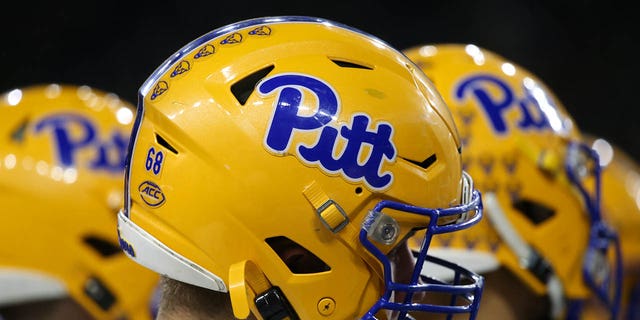 The Pitt logo on players' helmets during the Quick Lane Bowl between the Pitt Panthers and the Eastern Michigan Eagles Dec. 26, 2019, at Ford Field in Detroit.