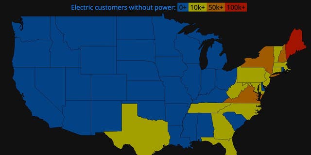 A color-coded map on the Power Outages map shows the residents across the country without power as of 5:10 a.m. Saturday.