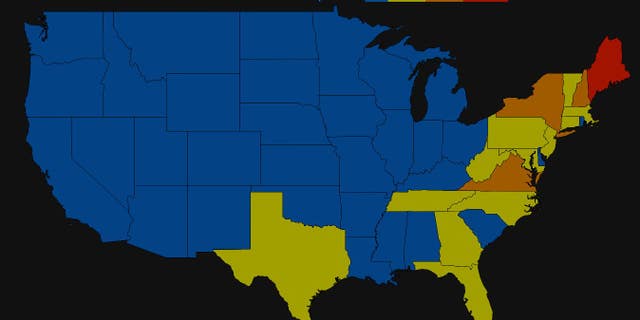 A color-coded map on the Power Outages map shows the residents across the country without power as of 5:10 a.m. Saturday.