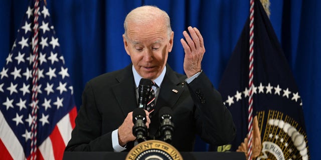President Biden speaks during a town hall with veterans and veteran survivors in New Castle, Delaware, on Friday.