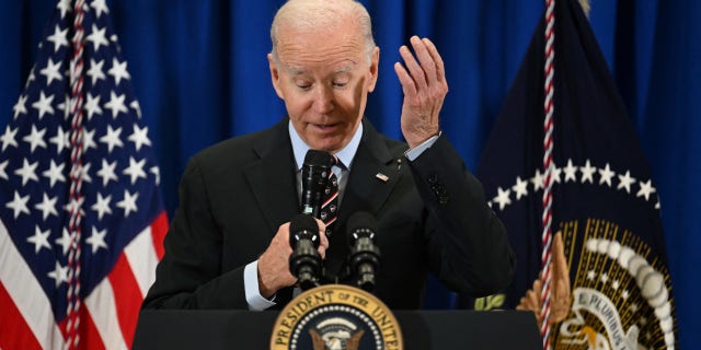 President Biden speaks during a town hall with veterans and veteran survivors in New Castle, Delaware, on Friday.