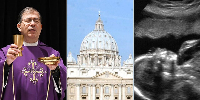 Frank Pavone shown at left, the Vatican in middle, and an ultrasound image of an unborn baby at right. Pavone says some in the Catholic Church want to deliver a pro-life message "in a way that doesn't offend Democrats."