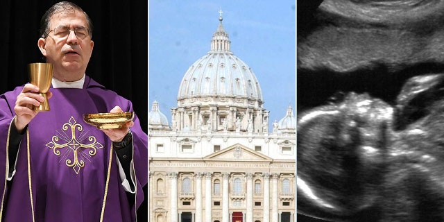 Frank Pavone shown at left, the Vatican in middle, and an ultrasound image of an unborn baby at right. Pavone says some in the Catholic Church want to deliver a pro-life message "in a way that doesn't offend Democrats."