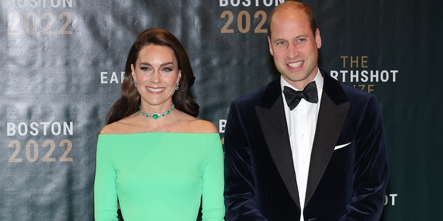 Kate Middleton, left, added Queen Mary's emerald choker to her rented outfit, a beloved piece worn by Princess Diana.