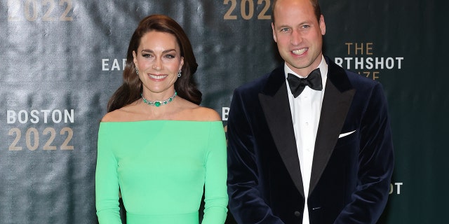 Kate Middleton, left, added Queen Mary's emerald choker to her rented outfit, a beloved piece worn by Princess Diana.