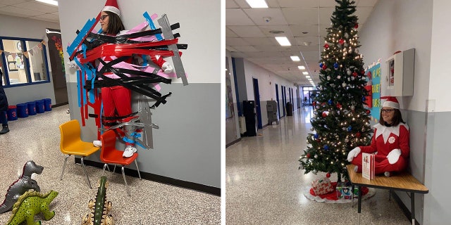 In this split image, Beth Hoeing is taped to the wall on the left. On the right, she sits on a table next to a Christmas tree.