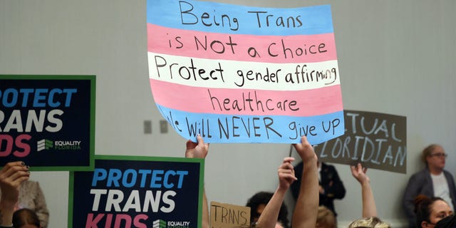 People hold signs during a joint board meeting of the Florida Board of Medicine and the Florida Board of Osteopathic Medicine gathering to establish new guidelines limiting gender-affirming care in Florida, on Nov. 4, 2022. 