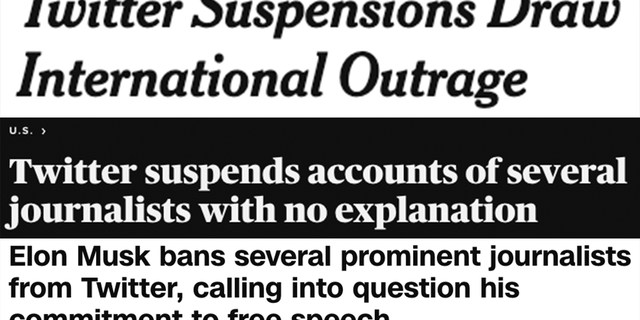 Headlines from The New York Times, CBS News, and CNN following the Twitter suspensions of prominent liberal journalists.
