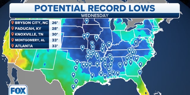 Locations in the U.S. that could experience record-low temperatures on Wednesday, Dec. 21.