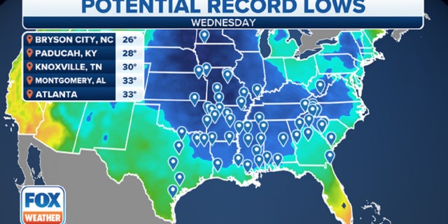 Locations in the U.S. that could experience record-low temperatures on Wednesday, Dec. 21.