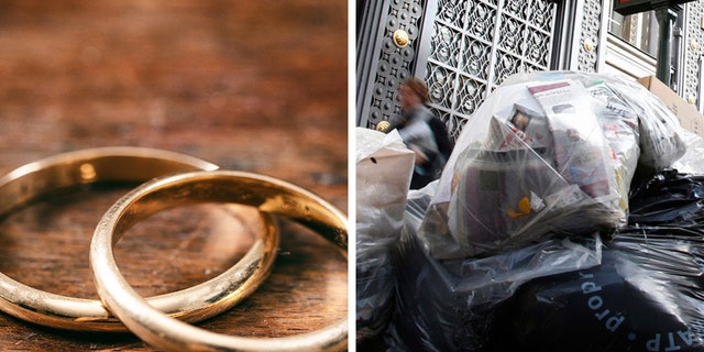 Wedding rings pictured on left (not the actual rings lost), plus bags of trash from a street pictured on right. Butler had a hunch about what happened to his wife's rings — turns out he was right.