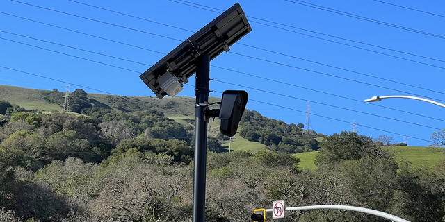 A law enforcement license plate reader camera is mounted on a pole in Orinda, California, Jan. 22, 2022.