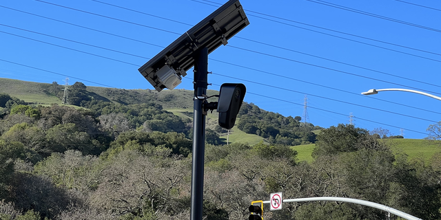 A law enforcement license plate reader camera is mounted on a pole in Orinda, California, Jan. 22, 2022.