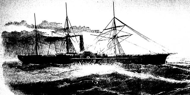 An undated illustration shows the U.S. Mail ship S.S. Central America, which sank during an 1857 hurricane in one of America’s worst maritime disasters in history.