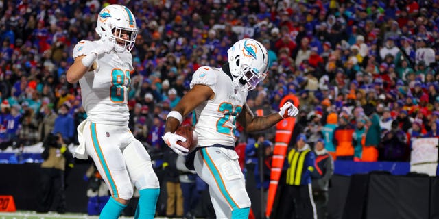 Salwan Ahmed nr 26 z Miami Dolphins świętuje po zdobyciu przyłożenia przeciwko Buffalo Bills podczas drugiej kwarty meczu na Highmark Stadium 17 grudnia 2022 r. w Orchard Park w Nowym Jorku.