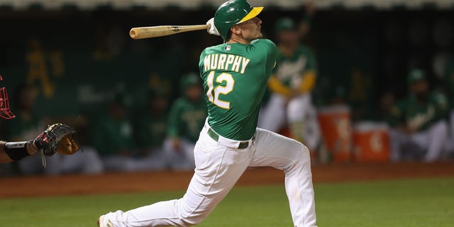 Sean Murphy of the Oakland Athletics at bat against the Los Angeles Angels at RingCentral Coliseum on October 4, 2022 in Oakland, California.