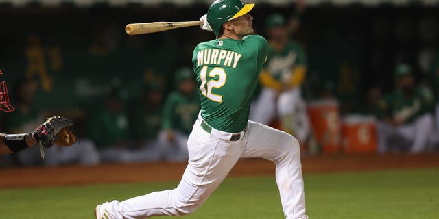 Sean Murphy of the Oakland Athletics at bat against the Los Angeles Angels at RingCentral Coliseum on October 4, 2022 in Oakland, California.