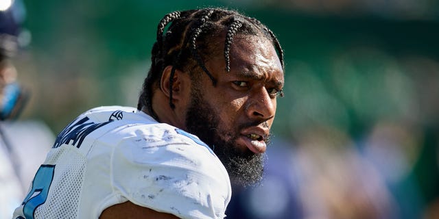Shawn Oakman of the Toronto Argonauts on the sideline during a game against the Saskatchewan Roughriders at Mosaic Stadium July 24, 2022, in Regina, Canada.