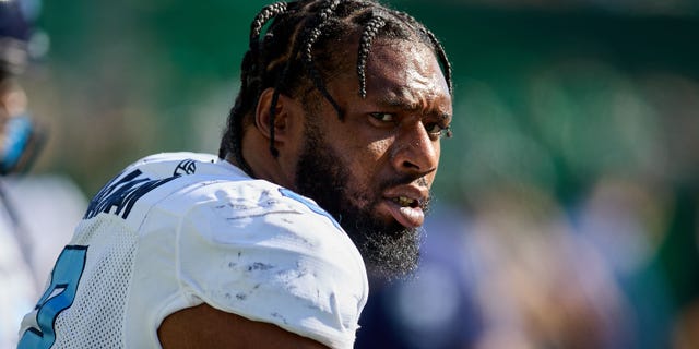 Shawn Oakman of the Toronto Argonauts on the sideline during a game against the Saskatchewan Roughriders at Mosaic Stadium July 24, 2022, in Regina, Canada.