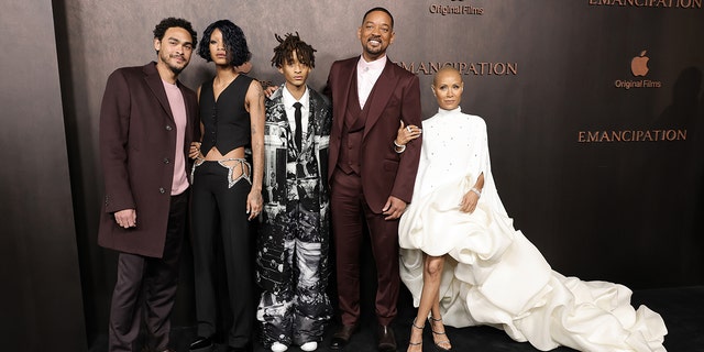 Trey Smith, Willow Smith, Jaden Smith, Will Smith and Jada Pinkett Smith attend the premiere of "Emancipation" at Regency Village Theatre on Nov. 30, 2022, in Los Angeles.