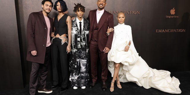 Trey Smith, Willow Smith, Jaden Smith, Will Smith and Jada Pinkett Smith attend the premiere of "Emancipation" at Regency Village Theatre on Nov. 30, 2022, in Los Angeles.