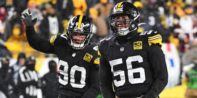 Pittsburgh Steelers linebacker Alex Highsmith (56) celebrates after a sack during the second half of an NFL football game against the Las Vegas Raiders on Saturday, Dec. 24, 2022, in Pittsburgh.