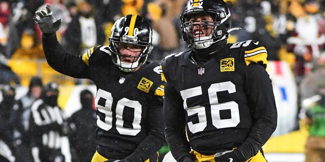 Pittsburgh Steelers linebacker Alex Highsmith (56) celebrates after a sack during the second half of an NFL football game against the Las Vegas Raiders in Pittsburgh on Saturday, Dec. 24, 2022.