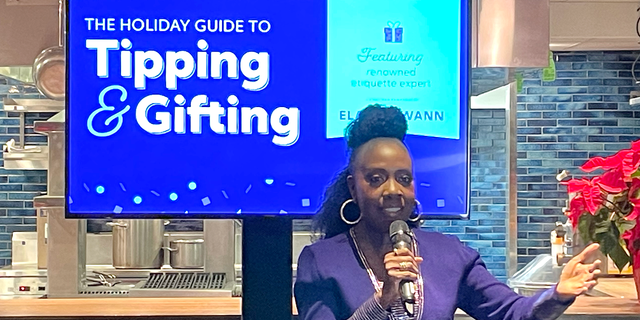 Lifestyle and etiquette expert Elaine Swann speaks at Zelle's Gift and Tipping event in New York City on December 13, 2022. "give freely," said Swann. "It's the holiday season."