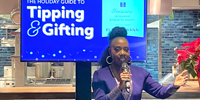 Lifestyle and etiquette expert Elaine Swann speaks at Zelle's Gift and Tipping event in New York City on December 13, 2022. "give freely," said Swann. "It's the holiday season."
