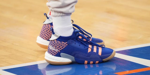 The sneakers worn by Trae Young of the Atlanta Hawks before a game against the New York Knicks at Madison Square Garden in New York City Dec. 7, 2022.