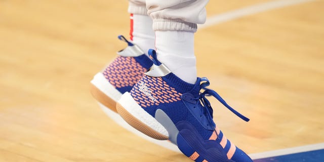 The sneakers worn by Trae Young of the Atlanta Hawks before a game against the New York Knicks Dec. 7, 2022, at Madison Square Garden in New York City. 