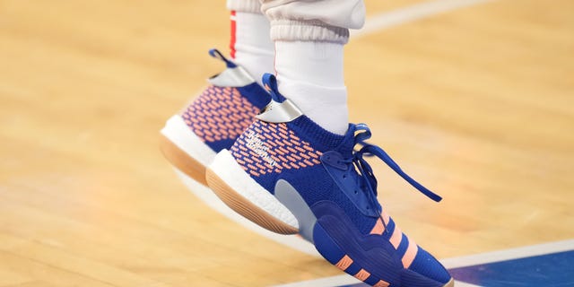 The sneakers worn by Trae Young of the Atlanta Hawks before a game against the New York Knicks Dec. 7, 2022, at Madison Square Garden in New York City. 