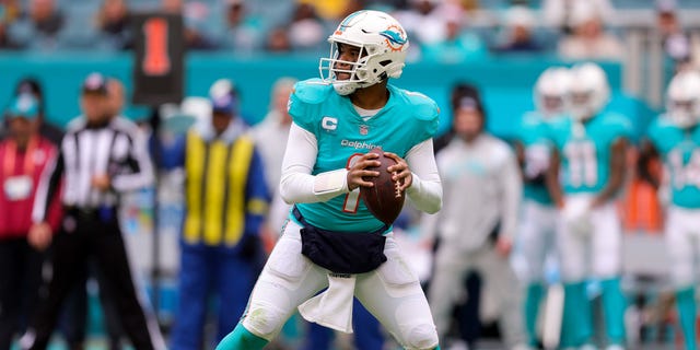 Tua Tagovailoa of the Miami Dolphins looks to pass against the Green Bay Packers during the second half of the game at Hard Rock Stadium on December 25, 2022, in Miami Gardens, Florida.