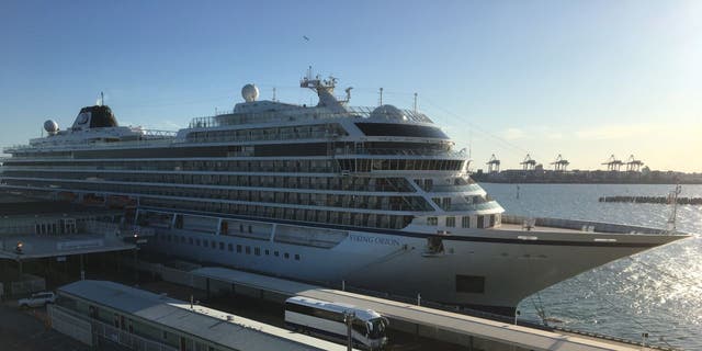 The Viking Orion cruise ship seen berthed in Melbourne harbour on April 16, 2020, in Melbourne, Australia. 