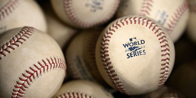 Baseballs displayed during World Series Game 6 between the Houston Astros and Philadelphia Phillies at Minute Maid Park in Houston, Texas, Nov.  5, 2022. 