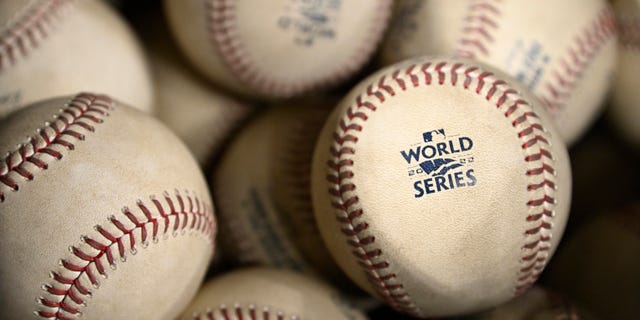 Baseballs displayed during World Series Game 6 between the Houston Astros and Philadelphia Phillies at Minute Maid Park in Houston, Texas, Nov. 5, 2022.
