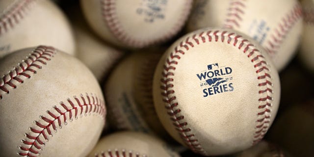 Baseballs displayed during World Series Game 6 between the Houston Astros and Philadelphia Phillies at Minute Maid Park in Houston, Texas, Nov.  5, 2022. 